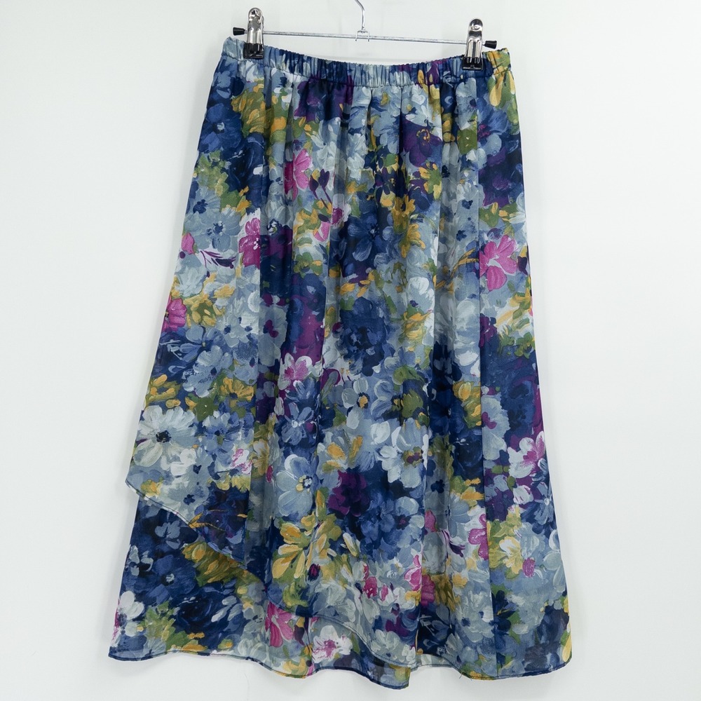 Vintage Floral Midi Skirt Womens 10 Blue Chiffon Layered Cottage Flowy Granny